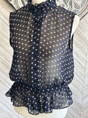 Piplette Alice Ritter Top Size 4 Blue Polka Dots Sleeveless Peplum Sheer Ruffle